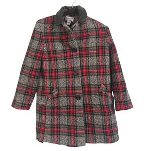 VINTAGE Pendleton Plaid Wool Blend Coat‎ Womens Size 12 Red Black Leather Collar